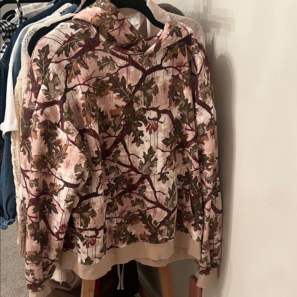 Original Use Fall Camo-Style Hoodie with Olive & Brown Leaf Print